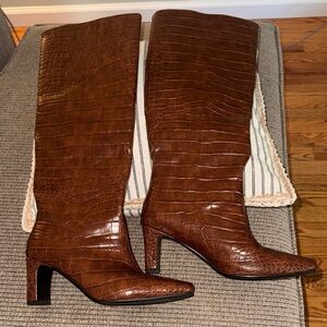 Wet Kiss Brown Leather Crocodile-Embossed Knee-High Boots